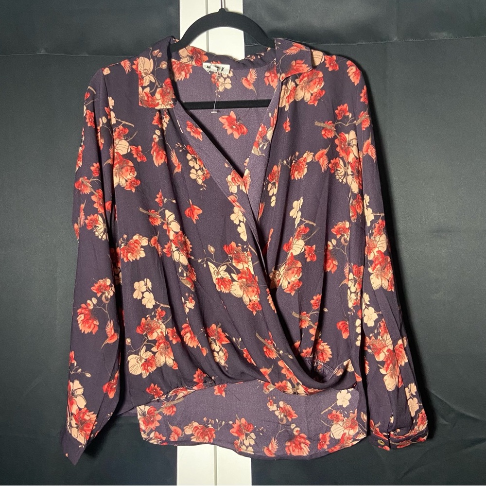 West K Stitch Fix Gathered Front High Low Floral Blouse Purple Small
